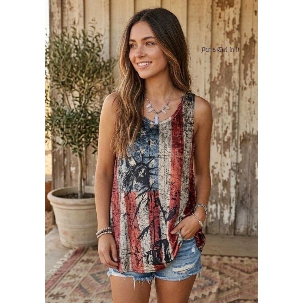 EUC Vocal M Tunic tank Top Velvet American Flag Statue Liberty patriotic Tunic